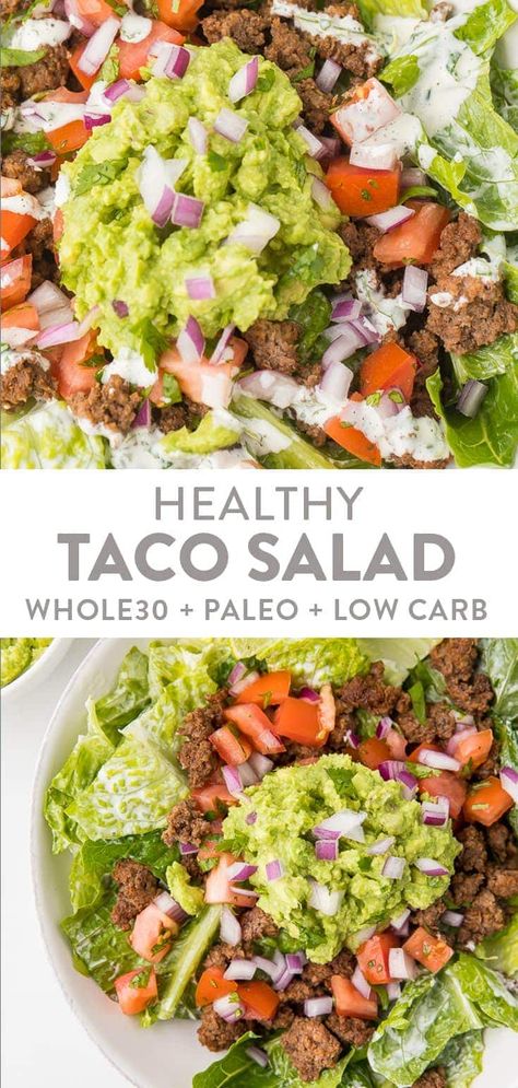 This healthy taco salad might be Whole30, paleo, and low carb, but it's oh so flavorful! Quick to throw together, it's versatile, too, and great for a quick Mexican dinner. #mexican #salad #whole30 #paleo #lowcarb Healthy Taco Salad, Dinner Mexican, Healthy Taco, Mexican Salad, Healthy Tacos Salad, Paleo Salads, Taco Salad Recipes, Mexican Dinner Recipes, Low Carb Salad