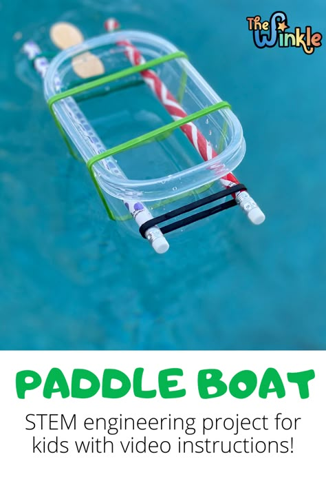 Paddle boat STEM project for kids. Stem Floating Project, Build A Boat Stem Challenge, Diy Toy Boats That Float, Making A Boat That Floats For Kids, Stem Boats That Float, Homemade Boats That Float, Make A Boat For Kids That Floats, Floating Boat Craft, How To Make A Boat That Floats For Kids