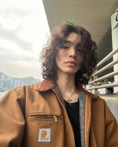 Men With Curly Black Hair, Asian Man Character Inspiration, Long Hair Guy Face Claim, Curly Hair Asian Guy, Long Fluffy Hair Men, Man Long Wavy Hair, Brown Hair Asian Men, Asian Face Claim Male, Tall Curly Hair Boy