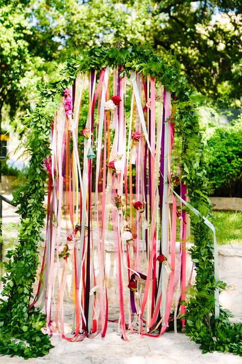 Gorgeous Austin wedding as seen on @offbeatbride Diy Wedding Arch, Diy Wedding Backdrop, Boda Mexicana, Offbeat Bride, Diy Backdrop, Ceremony Arch, Hanging Flowers, Wedding Ribbon, Wedding Place