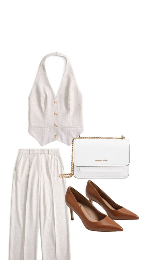 Oatmeal colored set, slacks, vest, brown heels, white mk purse, old money outfit, elegant outfit Old Money Outfit, Outfit Elegant, Money Outfit, Heels White, Mk Purse, Oatmeal Color, Brown Heels, Elegant Outfit, Color Set