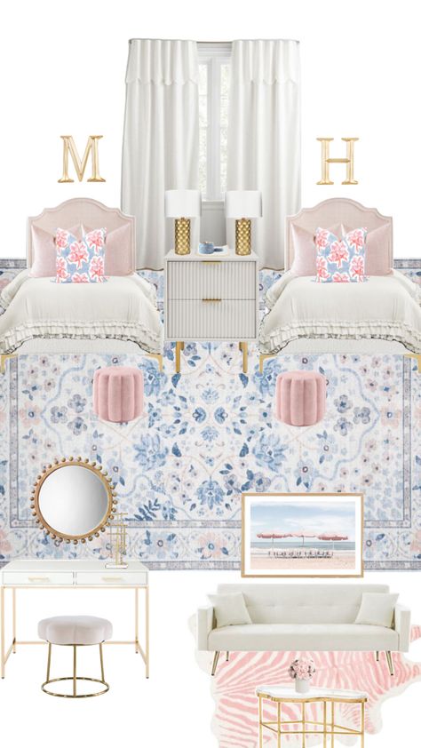 SEC Dorm Collage Inspo w/ Links Feminine Dorm Room, Pink And Blue Dorm, Navy Dorm Room, Dorm Preppy, Preppy College Dorm, Blue Dorm Room, Pink Dorm Room Decor, White Dorm Room, Dorm Room Themes