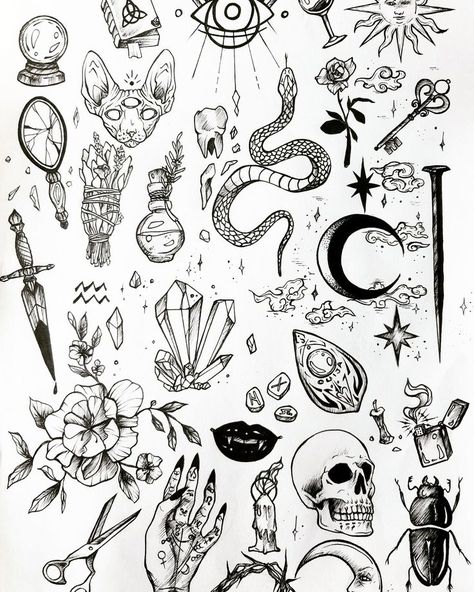 Flash Art Tattoos, Halloween Tattoo Flash, Tato Flash, Goth Tattoo, 13 Tattoos, Kunst Tattoos, Men Tattoos, Witch Tattoo, Flash Tattoo Designs