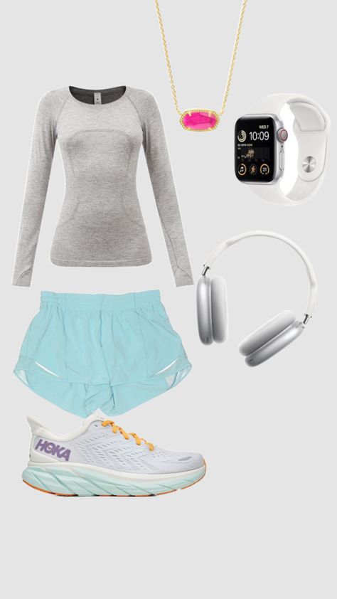 running outfit! Trendy Running Outfits, Lulu Running Outfit, Running Outfits For Women Cold, Preppy Running Outfit, Preppy Track Outfits, Aesthetic Running Outfit, Cute Track Outfits, Track Outfits Runners, Xc Outfits