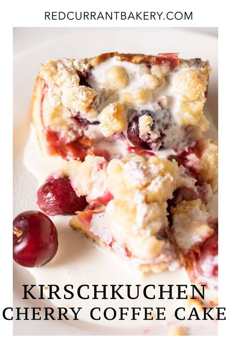 A moist and tender Cherry Coffee Cake, or Kirschkuchen, with a thick crumb topping and a combination of fresh and canned cherry filling. German Sour Cherry Cake, German Cherry Kuchen, Cherry Coffee Cake Recipes Pie Fillings, German Cherry Cake, Cherry Pecan Cake, Fall Cherry Desserts, Cherry Recipes With Fresh Cherries, Bing Cherry Recipes, Cherry Coffee Cake Recipes