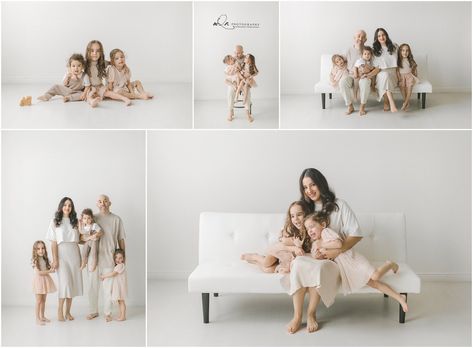 Family photos in a white studio White Background Family Photoshoot, Family Studio Session, Background Family, Outdoor Family Photography, Family Of 5, Studio Session, Creating Memories, Family Stories, Family Photo Sessions