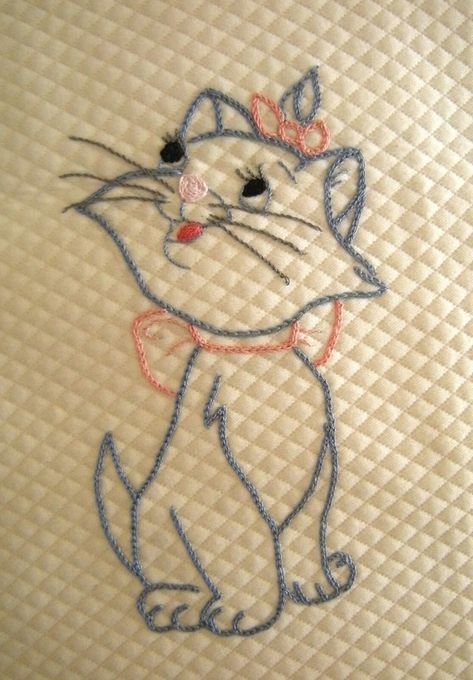 Marie from the Aristocats Amrodary Designs, Cats Embroidery Designs, Aristocats Embroidery, Cat Bordhi Patterns, Marie Aristocats Pillow, Aristocats Cross Stitch, Vintage Embroidery Transfers, Redwork Embroidery, Embroidery Transfers