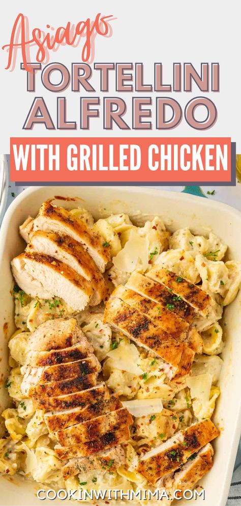 Try this Asiago Tortellini Alfredo with Grilled Chicken! It’s incredibly delicious with wonderful bursts of flavor in every bite. This recipe is creamy, savory, comforting, and it’s super easy to make as well. It’s a restaurant quality dish that will have everyone begging for seconds and thirds! Try it today! Asiago Tortellini Alfredo, Asiago Tortellini With Grilled Chicken, Asiago Tortellini, Chicken Tortellini Alfredo, Asiago Chicken Pasta, Pasta Recipes For Lunch, Grilled Chicken Alfredo, Chicken Basil Pasta, Tortellini Alfredo