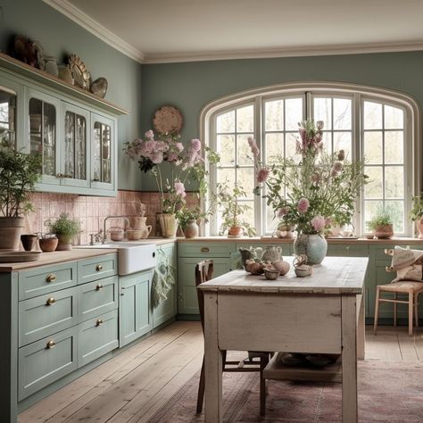 Cozy Cottage Kitchen, Cottage Kitchen Design, Dining Room Wallpaper, Casa Vintage, Cottage Kitchens, Green Cabinets, Cottage Kitchen, Green Kitchen, You Never Know