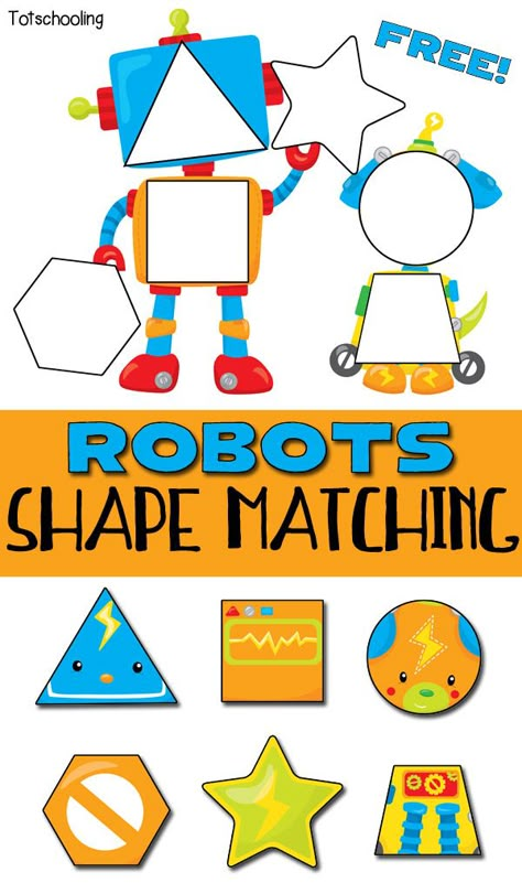 FREE printable Robot themed puzzle for toddlers to match & learn shapes. Cute toddler math activity! Robot Crafts For Toddlers, Robots Preschool, Toddler Printables, Toddler Math, Shape Puzzle, Learn Shapes, Robot Theme, Shape Games, Shapes Preschool