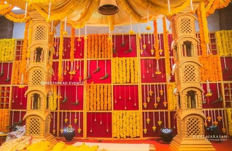 Yellow n red backdrop in between manmade parrots... #indianweddingblog #saree #designerblouse #teluguwedding #telugubride #tamilwedding #tamilbride #weddingbrigade #gorgeousbride #shopzters #shaadimagic #bridesessentials #ezwed #pellipoolajada #southindianbride #southindianwedding #templejewellery #southindianweddingdecor Red And Yellow Haldi Decor, Photo Booth Wedding, Haldi Decor, Wedding Yellow, Booth Wedding, Red Backdrop, Tamil Brides, Telugu Wedding, Tamil Wedding