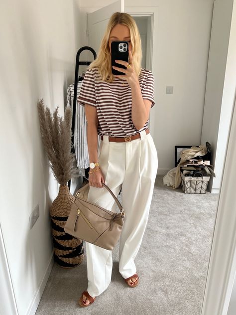 Brown stripe t-shirt curated on LTK Brown Stripes Shirt Outfit, Brown Striped Shirt Outfit, Striped Long Sleeve Outfit, Striped Tshirt Outfits, Stripe Tee Outfit, Stripped Outfit, Striped Top Outfit, Outfits With Striped Shirts, Brown Pinstripe