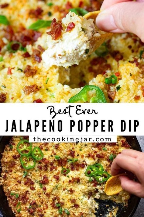 Jalapeno popper dip is a warm and creamy party appetizer taking its flavor cues from jalapeno poppers and turning them into cheesy scoopable bites. Try this party favorite with cream cheese, sour cream, bacon, a four-cheese Mexican blend and fresh jalapenos topped with a crispy panko bread crumb layer. Jalapeno Popper Appetizer, Popper Dip Recipe, Southern Sides, Jalapeno Popper Dip Recipe, Tuesday Recipes, Jalapeno Dip, Jalapeno Popper Dip, Popper Dip, Jalapeno Cheese