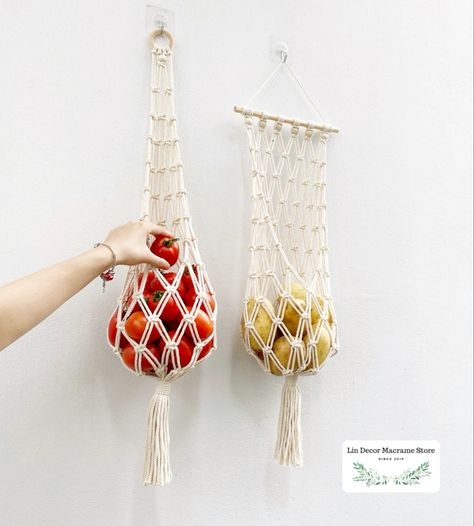 Fruit Hanger, Hanging Fruit Basket, Boho Kitchen Decor, Hanging Fruit Baskets, Fruit Bag, Fruit Holder, Vegetable Storage, Crochet Curtains, Vegetable Basket