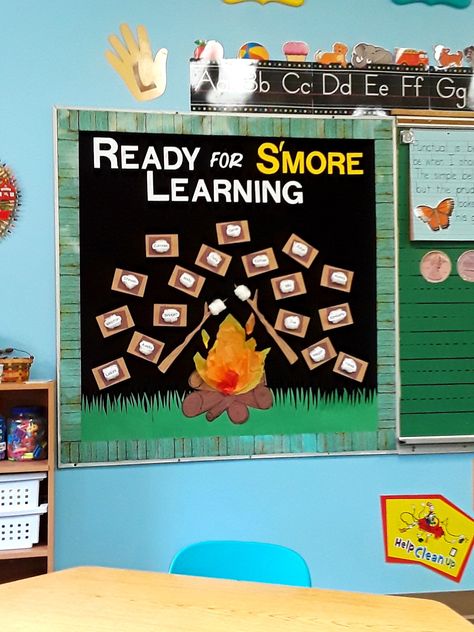 My students are "Ready for S'more Learning!" #fall #bulletinboard #easybulletinboards #campfires #smores #fallvibes Fall Bulletin Board Ideas For Work, Learning Bulletin Board Ideas, Bulletin Board Ideas For Work, Mountain Classroom, Camp Read A Lot, Camping Bulletin Boards, Fall Bulletin Board Ideas, Camping Classroom Theme, Preschool Bulletin Board