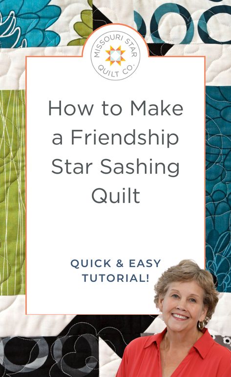 Save this tutorial for Quick & Easy Star Sashing Quilt. Jenny Doan teaches us how to make a quick and easy Friendship Star Sashing Quilt using 10 inch squares of pre cut quilting fabric or layer cakes. Quilt Sashing Ideas, Missouri Star Quilt Pattern, Quilt Sashing, Shabby Quilt, Jenny Doan Tutorials, Msqc Tutorials, Missouri Quilt Company, Missouri Star Quilt Company Tutorials, Kid Quilts Patterns