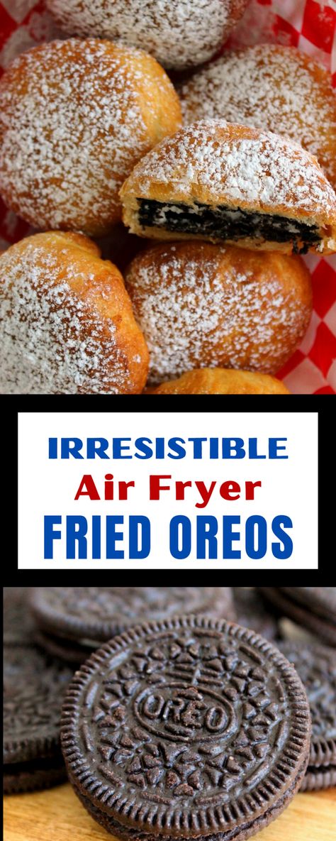 Easy recipe for air fryer Fried Oreos using packed crescent roll dough. Air fries in minutes to warm, golden treat dusted with a blizzard of powdered sugar and not a drop of oil! The ideal snack, dessert or game time appetizer. #airfryerrecipe #airfryeroreos #airfryerfriedoreos #friedoreos #airfryergamedayfood #airfryersnacks #airfryerdessert #agoudalife Desserts To Make In Air Fryer, Air Fryer Oreos With Crescent Rolls, Deep Fried Oreos In Air Fryer, Fried Oreos Air Fryer, Air Fryer Fried Oreos, Air Fried Oreos, Air Fryer Oreos, Air Fries, Simple Air Fryer Recipes