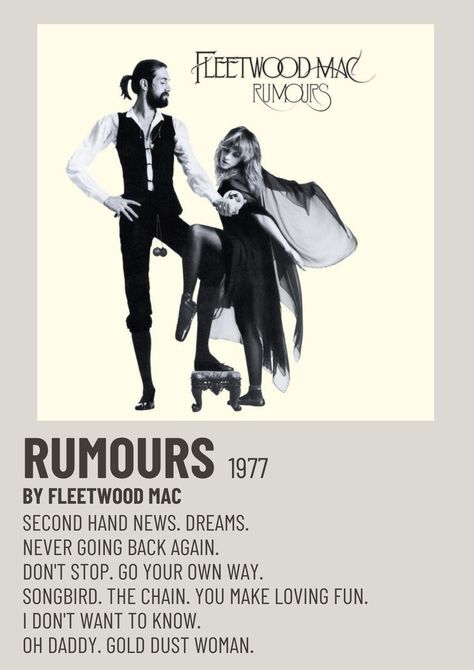 Fleetwood Mac Rumours, Outdoors Quotes, Minimalist Polaroid Poster, Fleetwood Mac Rumors, Minimalist Music, Music Poster Ideas, Film Posters Minimalist, Quotes Tattoos, Music Collage