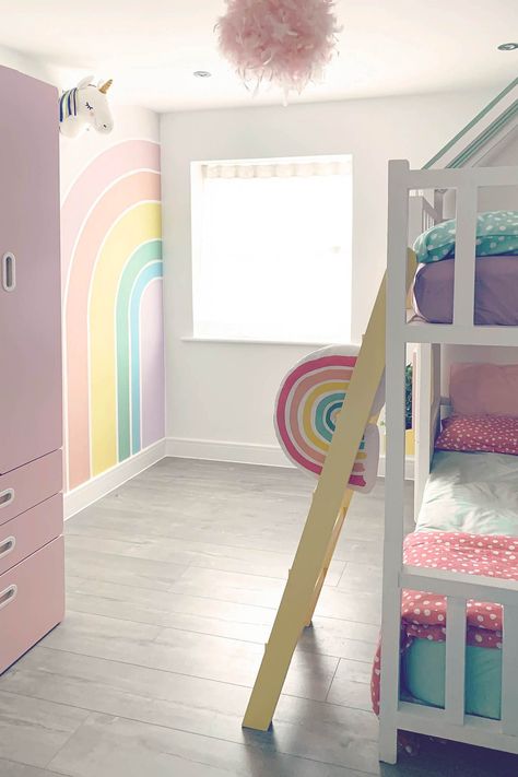 Shared Girl's Rainbow Room Interior Inspiration – Livettes Rainbow Decor Bedroom, Rainbow Girls Room, Shared Girls Room, Rainbow Bedroom, Shared Girls Bedroom, Unicorn Bedroom, Big Girl Bedrooms, Toddler Girl Room, Rainbow Room