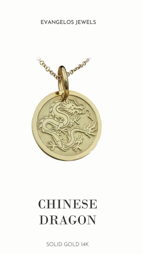 Dainty 14k Solid Gold Chinese Dragon Necklace, Personalized Chinese Dragon Pendant, Dragon Symbol Pendant, Chinese Mythology ****14k Solid Gold**** ******Choose What Size You Want the Pendant Using The Second Option Box*** *******Photos Are For The 0.5 inch Diameter Pendant***** Pendant thickness : 0.5mm Inner diameter of jump ring : 4mm ♥ Material of pendant and chain: Solid Gold k14 ♥ Packaging: All of our jewelry are beautifully boxed and ready for gifting Chinese Dragon Jewelry, Gold Chinese Dragon, Dragon Symbol, The Second Option, Necklace Dragon, Eagle Necklace, Second Option, Chinese Mythology, Dragon Necklace