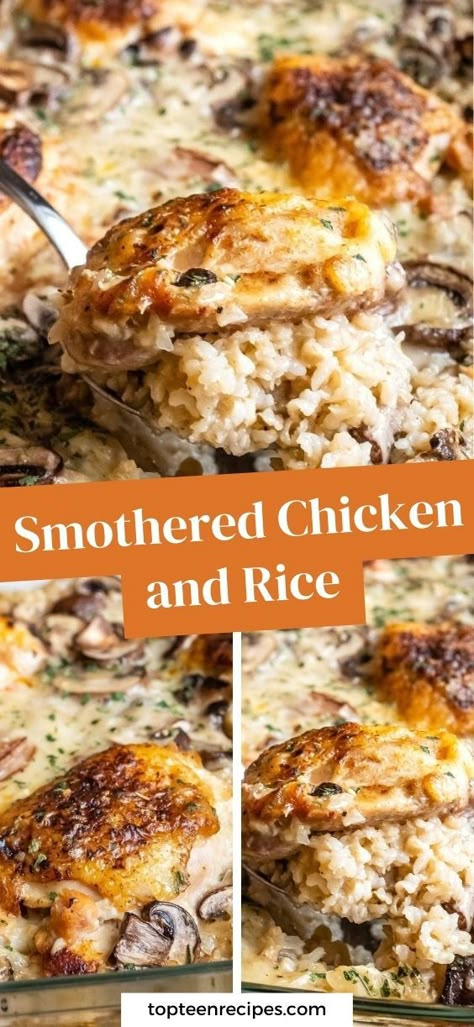 Smothered Chicken Breast, Cream Of Chicken Rice, Smothered Chicken And Rice, Chicken Thigh And Rice Recipe, Smothered Chicken Recipe, Chicken Breast Casserole, Chicken Rice Bake, Smothered Chicken Recipes, Cream Of Mushroom Chicken