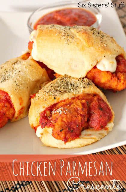 Chicken Parmesan Crescents / Six Sisters' Stuff | Six Sisters' Stuff Crescent Recipes, Crescent Roll Recipes, Favorite Chicken, Crescent Rolls, Chicken Parmesan, Quesadillas, Main Dish Recipes, I Love Food, Chicken Dinner