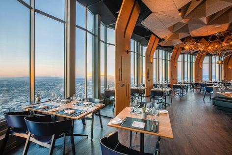 Rooftop Restaurant With Large 360 degree view Windows and Glass Facade Cozy Restaurant, Rooftop Design, Sky Bar, Luxury Restaurant, Ground Level, Luxury Destinations, Modern Restaurant, Rooftop Restaurant, Glass Facades