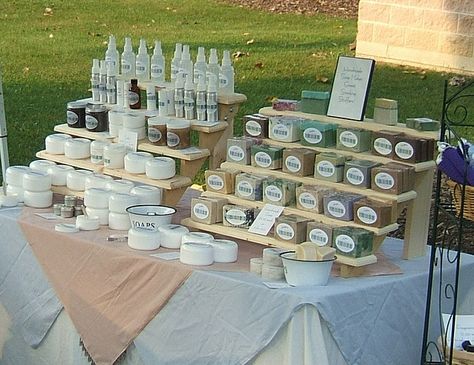 would eventually love something like this.  Very clean but requires wood worker.  layered table cloths. Diy Soap Display, Soap Booth, Market Stall Display, Farmers Market Display, Vendor Booth Display, Vendor Table, Craft Market Display, Vendor Displays, Soap Display