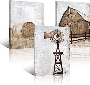 HOMEOART Farmhouse Wall Art Rustic Barn Windmill Cornfield Pictures Countryside Rural Landscape Painting Canvas Artwork Stretched and Framed Ready to Hang Home Decor 12"x16"x3 Pieces Windmill Wall Decor, Barn Wall Art, Barn Pictures, Country Wall Decor, Wall Art Rustic, Farmhouse Art, Farmhouse Bedroom Decor, Farmhouse Wall Art, Rural Landscape