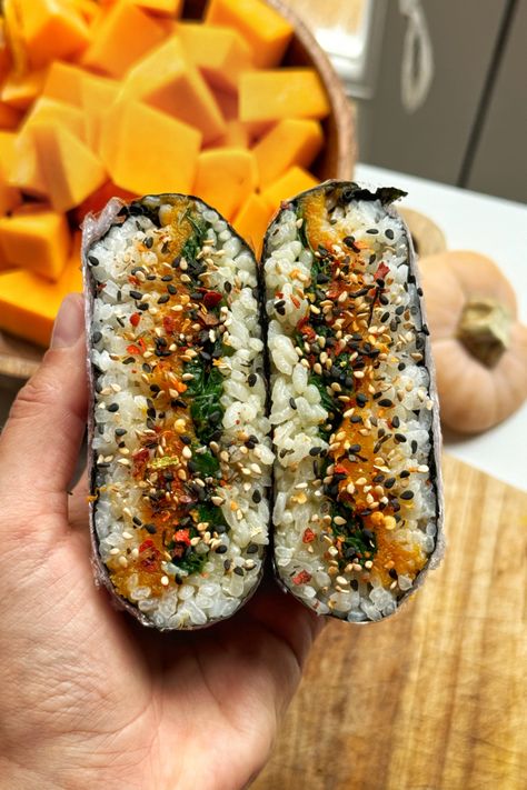 Autumn Onigirazu | Myriad Recipes Cinnamon Butternut Squash, Sesame Spinach, Rice Sandwich, Spinach Filling, Garlic Spinach, Nori Seaweed, Sushi Sandwich, Japanese Sushi, Sushi Rice