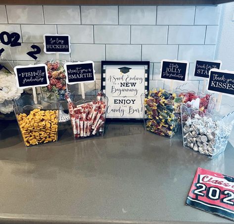 Grad Party Candy Bar, Grad Party Candy, Party Candy Bar, Candy Bar Party, Pre K Graduation, Graduation Party Planning, Party Candy, Grad Party, Grad Parties