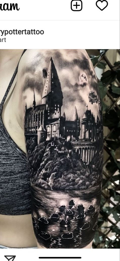 Womens Upper Sleeve Tattoo, Harry Potter Upper Arm Tattoo, Large Harry Potter Tattoo, Harry Potter Car Tattoo, Big Harry Potter Tattoo, Harry Potter Half Sleeve Tattoo, Harry Potter Half Sleeve, Harry Potter Castle Tattoo, Harry Potter Sleeve