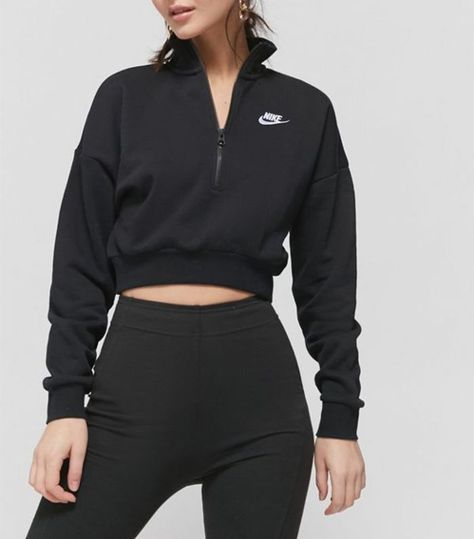 Nike Half-Zip Cropped Sweatshirt Midi Dress Sneakers, Cropped Sweatshirt Outfit, Loungewear Ideas, Sports Lounge, Nike Half Zip, Cropped Half Zip, Classic Corvette, Half Zip Top, Basic Sweatshirt