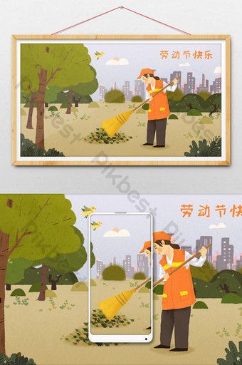 Sanitation Worker, Scene Drawing, Green City, Happy Labor Day, Creative Illustration, Colour Field, Drawn Illustration, Day Work, Psd Free Download