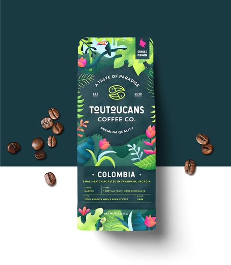 Tropical Packaging Design, Tropical Packaging, Coffee Packaging Design, Desain Merek, Coffee Bag Design, Coffee Label, Chocolate Packaging, Food Packaging Design, Tea Packaging