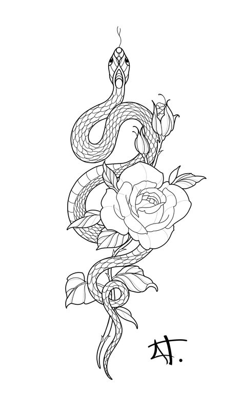 Snake And Rose Tattoo Design, Tattoo With Snake, Snake And Rose Tattoo, Hipster Drawings, Favorite Tattoos, Stencil Outline, Henna Ideas, Snake Tattoo Design, Simple Tattoo Designs