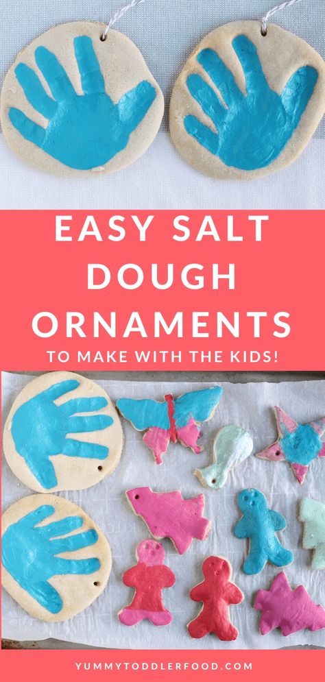 Learn how to make salt dough ornaments with the kids—with baking, painting, and storage info. A perfect kids holiday gift for grandparents! #saltdoughornaments #saltdough #grandparentgifts #toddleractivities Sat Dough Ornament Recipe, Things To Make With Salt Dough, Dough For Ornaments, Salt Dough Handprints, Make Salt Dough, How To Make Salt Dough, Best Salt, Salt Dough Recipe, Baking Painting