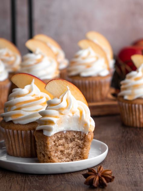 Moist Apple Cupcakes, Caramel Apple Cider Cupcakes, Apple Cider Cakes, Apple Cider Donut Cupcakes, Apple Cider Cupcake, September Baked Goods, Apple Cider Cupcakes Recipe, Apple Cider Cupcakes With Brown Sugar, Autumn Cupcake Ideas