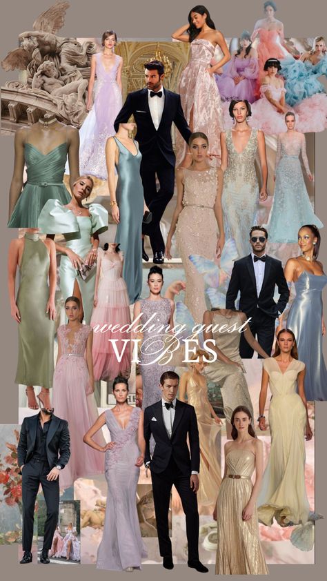 Wedding Guest Attire Inspiration, Pastel Black Tie Wedding, Wedding Guest Attire Mood Board, Wedding Guest Colour Palette, Colourful Black Tie Wedding, Pastel Wedding Outfit Guest, Colorful Black Tie Wedding Guest, Pastel Dress Code Wedding, Formal Garden Party Wedding Guest Attire