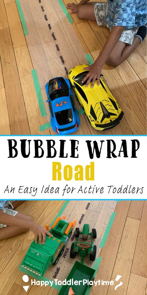 How to Make A Bubble Wrap Road - Happy Toddler Playtime Transportation Theme Infants, Process Art Transportation, Road Safety Week Activities For Toddlers, Road Safety Week Activities, Bubble Wrap Activities For Toddlers, Transportation Sensory For Toddlers, Transportation For Toddlers Activities, Car Theme Preschool, Transportation Science For Toddlers