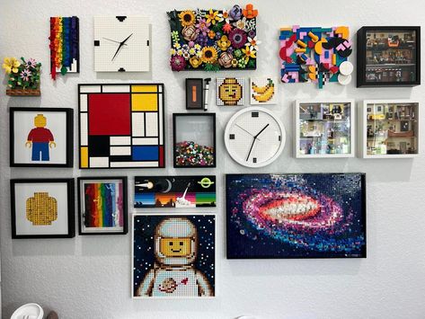 Lego Gallery Wall, Bright Office Space, Lego Wall Art, Bright Office, Lego Wall, Lego Space, Lego Creations, Office Decor, Lego