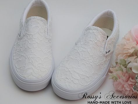 "Beautiful and Romantic wedding sneakers is a perfect accessory for your Special day.. These White Slip On Authentic Vans , are covered with White Lace . Handmade to order, so please allow me enough time before your wedding date. Orders are processed and shipped within 5-6 WEEKS of payment., large orders, may take longer ..Please allow 2-5 days additional and Domestic Shipping will take 2-5 Business days. RUSH ORDERS ARE AVAILABLE Rossy's Accesorios offers rush orders for an additional $30.00 - Wedding Boat Shoes, White Lace Vans, White Lace Wedding Vans, Custom Bride Shoes, White Wedding Sneakers, Bridal Vans Shoes, Bride Vans Shoes, White Vans Wedding, Wedding Vans Shoes Brides