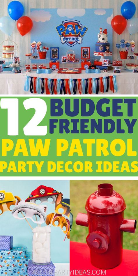 PAW PATROL PARTY DECORATIONS on a budget for girls and boys birthdays. Cheap DIY party decor ideas or cheap party supplies. Simple tutorials for backdrops with balloons and streamers, centerpieces for dessert tables from recycled materials and lots of free printables. Invitations, birthday banners, food tags, goodie bags and more featuring Mighty Pups Chase, Skye, Marshall, Rubble, Rocky, Everest, and Zuma Party Decorations On A Budget, Diy Party Decor Ideas, Paw Patrol Party Supplies, Paw Patrol Birthday Decorations, Paw Patrol Party Decorations, 4de Verjaardag, Paw Patrol Birthday Theme, Paw Patrol Decorations, Paw Party