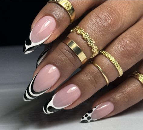 White Tip Design Nails, Almond Designs Nails, Geometric French Tip Nails Almond, Matte Nail Designs Ideas, Tan And Black Nails Design, Black With Gold Lines Nails, Almond Vacation Nails, Almond Shape French Tip Nails, Almond Nails Designs French Tip