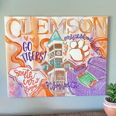 Clemson 🧡 • #designsbyyyc #clemson #clemsontigers #orangeandpurple #smallbusiness #smallbusinessowner #tigers #gotigers #gotigers🐯 #customcollegeapparel #custom #custompainting Clemson Canvas Painting, Clemson Painting, Clemson Aesthetic, Clemson Dorm, College Canvas Paintings, Clemson Art, College Paintings, College Canvas, College Crafts