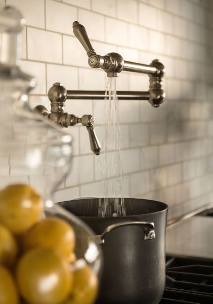 Over-the-stove faucet. Hot Water Tap Over Stove, Cooker Tap, Faucet Over Stove, Transitional Kitchen Lighting, Stove Faucet, Kitchen Shapes, Alternative Decor, Best Kitchen Designs, Remodel Kitchen