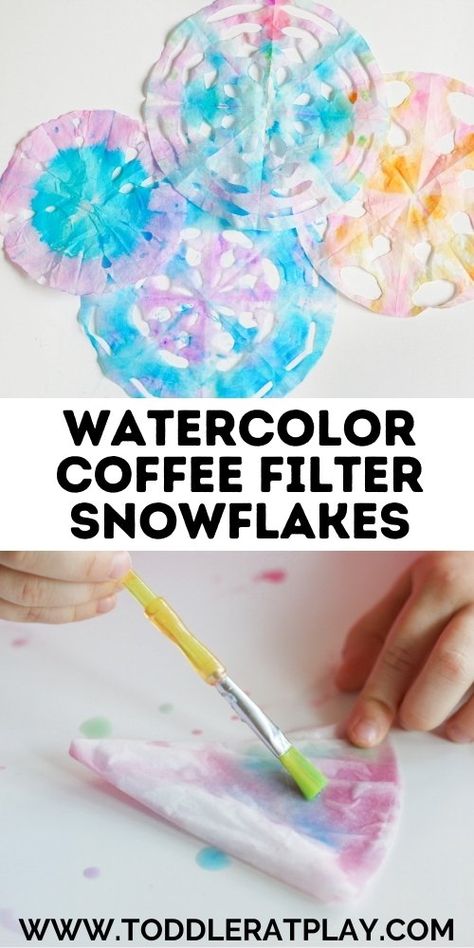 Watercolor Coffee Filter Snowflake Craft - Toddler at Play Watercolor Coffee Filter, Diy Coffee Filter Snowflakes, Coffee Filter Snowflakes, Snowflakes Craft, Coffee Filters Snowflakes, Coffee Filter Art, Homeschooling Activities, Snow Crafts, Snowflakes Art