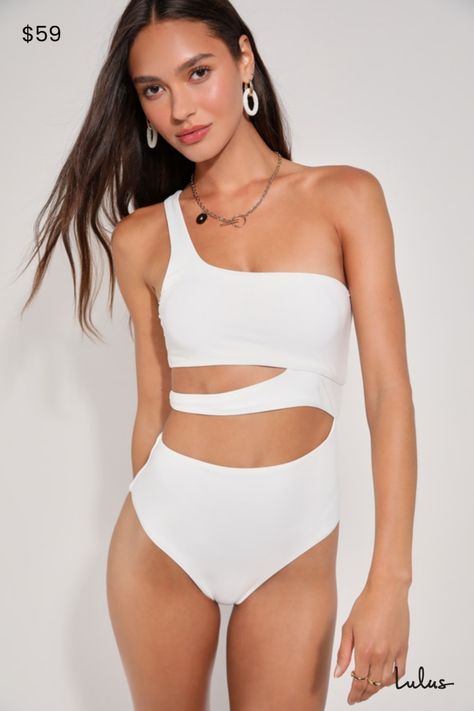 Get ready for sand, sun, and a whole lot of fun with the Lulus Sunshine Glow White Cutout One-Piece Swimsuit! This too-cute swimsuit is composed of sleek and stretchy tricot knit that shapes a flirty one-shoulder neckline and a bandeau-style bodice with an asymmetrical strap that creates cute cutout effects at the side, all above a pair of attached bottoms with high-cut legs and cheeky bottom coverage. Removable padding. PLEASE NOTE: Swimwear returned without the hygienic liner is non-refundable. Fit: This garment fits true to size. Length: Size medium measures 30" from shoulder to hem. Bust: Great for any cup size. Waist: Fitted - stretchy fabric allows custom fit. Hip: Fitted - stretchy fabric allows room for hips. Fabric: Fabric is very stretchy. Lined. Shell: 80% Nylon, 20% Elastane. L Cutout One-piece Bodysuit For Beachwear, Cutout Swimwear For Beach Party Season, Summer Cutout Stretch Swimwear, Beach Party Swimwear With Cutout, Summer Stretch Cutout Swimwear, Stretch Cutout Swimwear For Summer, Stretch Beachwear Bodysuit With Cutout, One-piece Cutout Bodysuit For Swimming, Cutout Swimwear For Beach Party In Summer