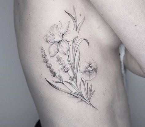 Daffodil Tattoo Realistic, Poppy And Narcissus Tattoo, Fine Line Daffodil Tattoo, Flower Tattoo Narcissus, Vine Flower Tattoo, December Flower Tattoo, Narcissus Flower Tattoo, Narcissus Tattoo, Emily Howard