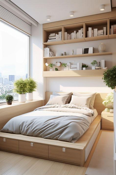 This Small Modern Bedroom embodies Scandinavian simplicity with its white and light wood color scheme. A streamlined bed is paired with minimalist shelving. Small Modern Bedroom Ideas, Scandinavian Bedroom Ideas, Scandinavian Interior Bedroom, Japandi Bedroom Ideas, Small Modern Bedroom, Contemporary Office Design, Japandi Bedroom, Modern Bedroom Ideas, Japanese Bedroom